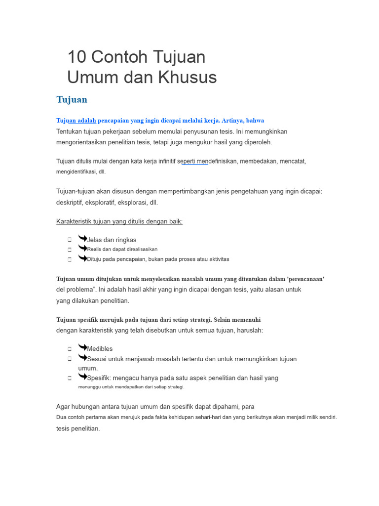 10 Contoh Tujuan Umum dan Spesifik | PDF