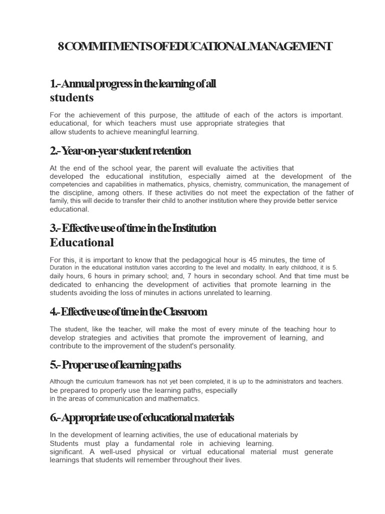 8 Key Commitments in Educational Management | PDF | Teachers | Learning