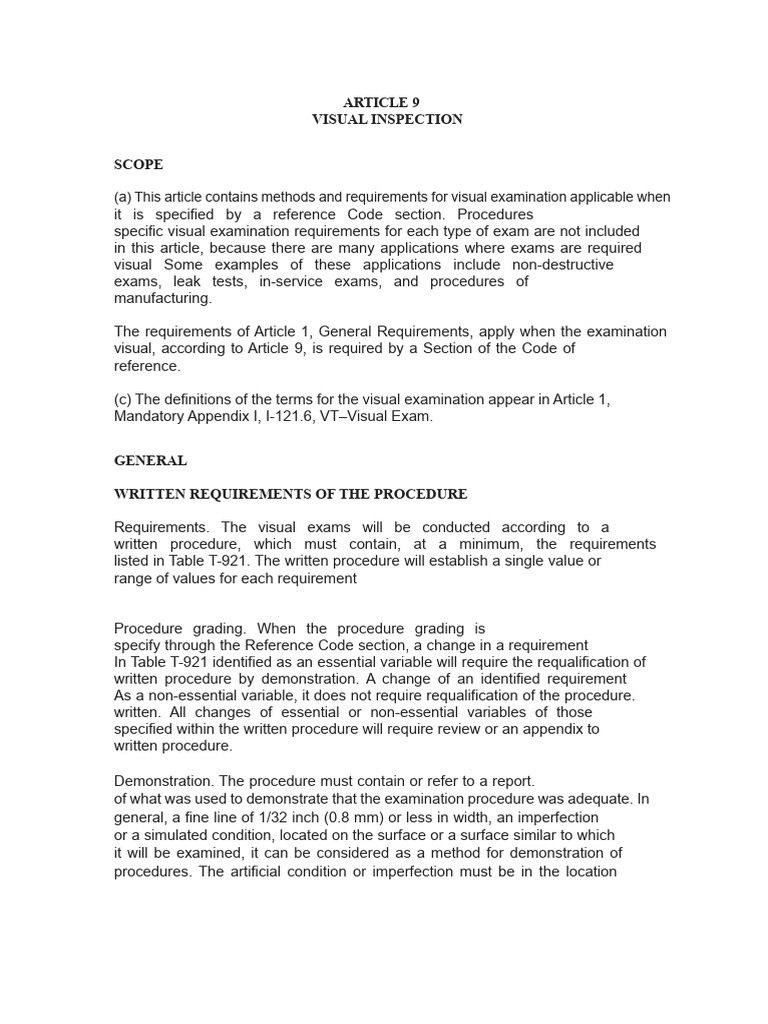 ASME V Article 9: Visual Examination Guide | PDF | Lighting | Light