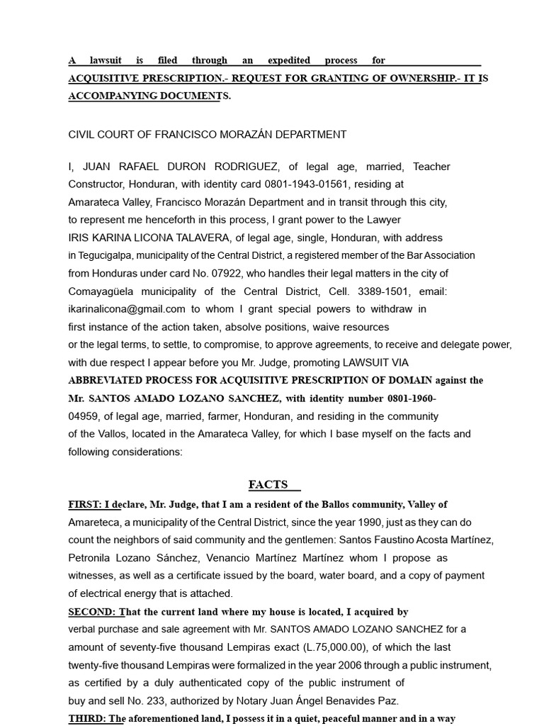 Demand For Summary Process For Acquisitive Prescription of Domain Juan ...