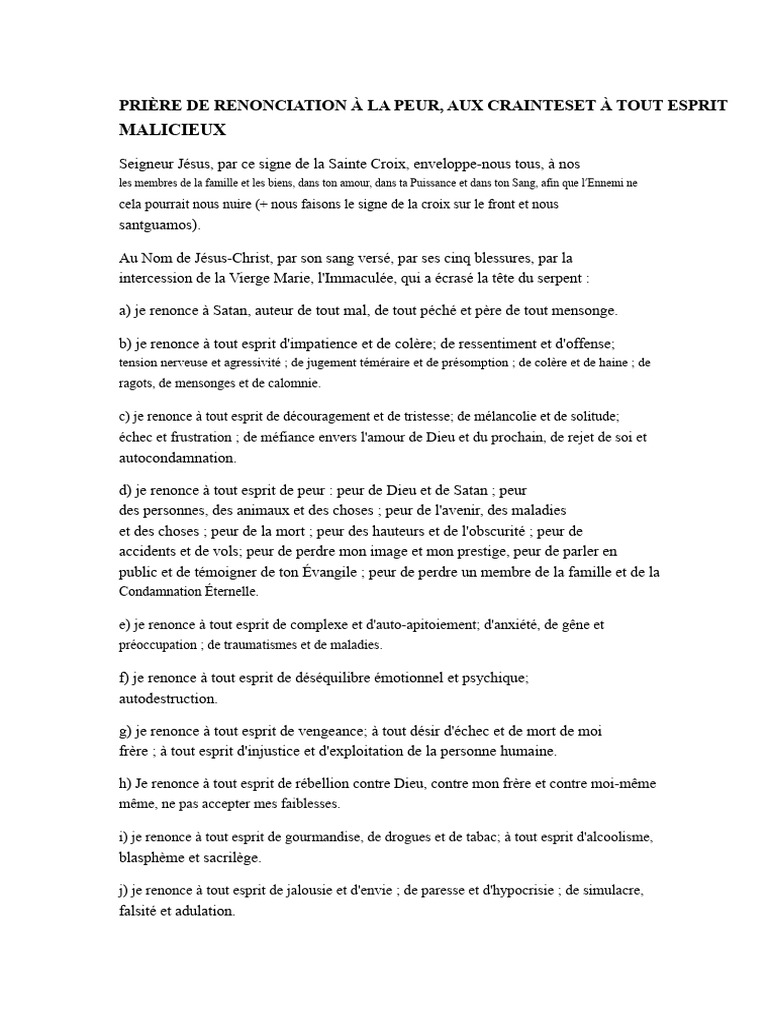 Prière de renonciation à la peur et au mal | PDF | Peur | Jésus