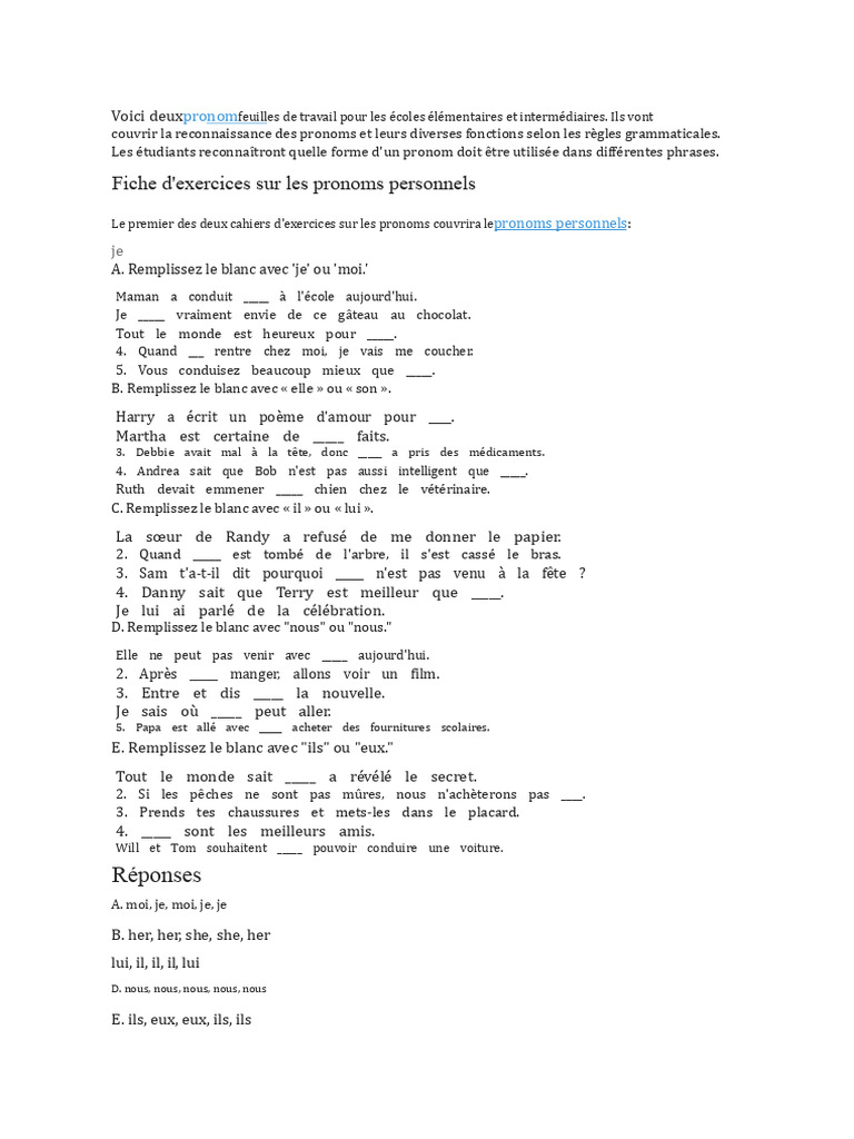 Exercices sur les pronoms pour élèves | PDF | Pronom