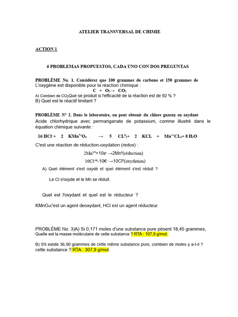 Problèmes de Chimie : Réactions et Calculs | PDF | Réaction d ...