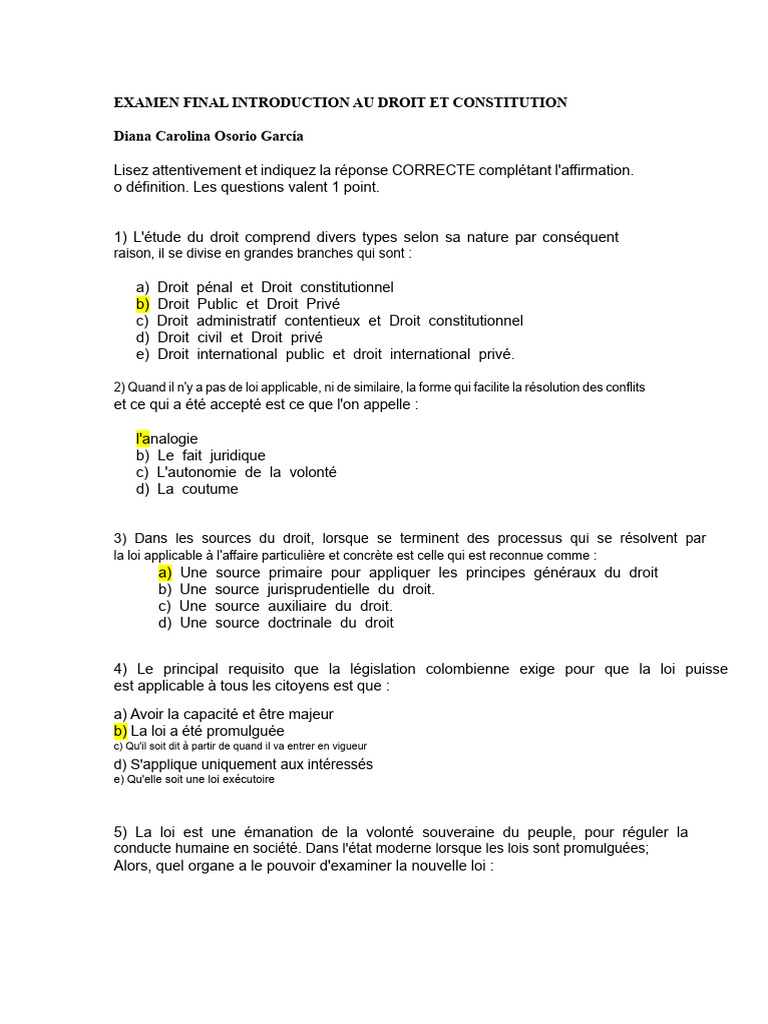 Examen final : Introduction au droit | PDF | Loi | Traité