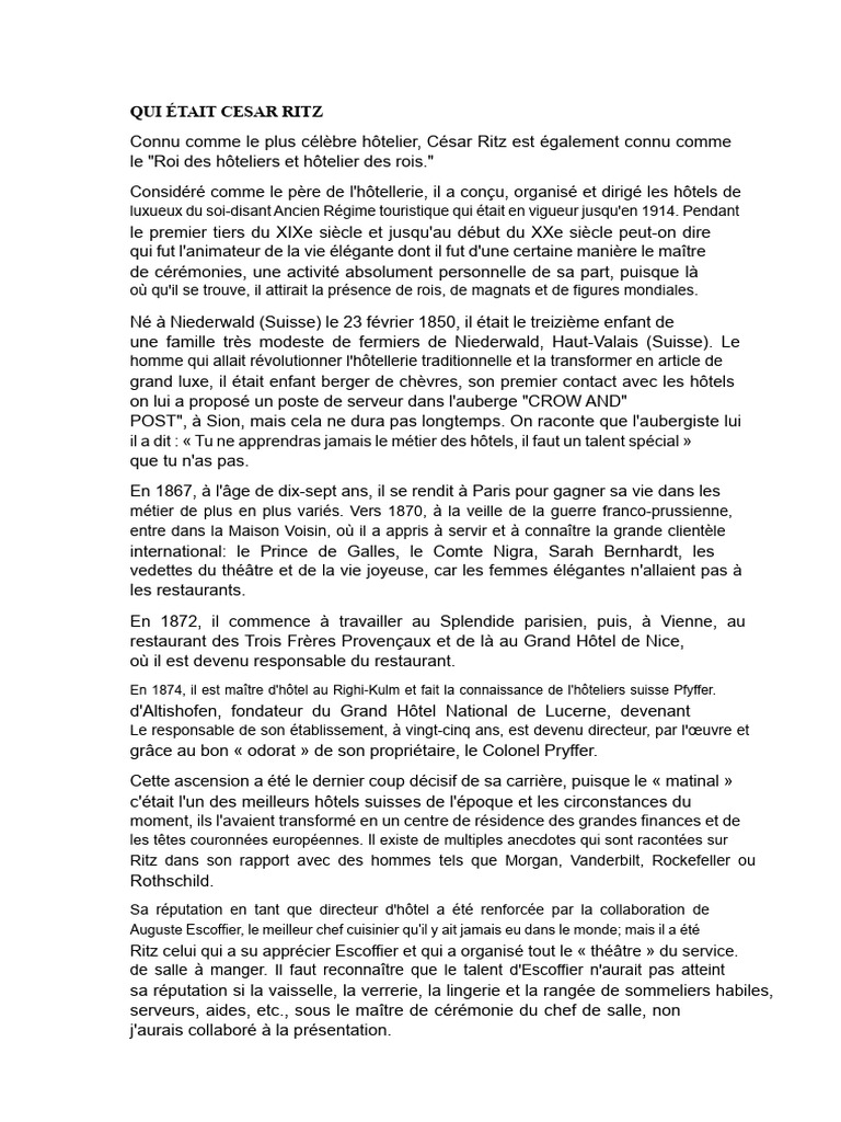 César Ritz : Roi des Hôteliers | PDF | Transport ferroviaire | Tourisme