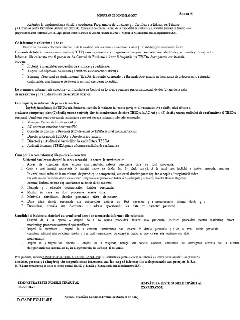 Formular de Consimțământ Tesda | PDF