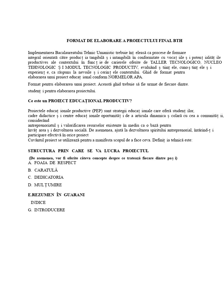 Format de Elaborare A Proiectului Final BTH | PDF