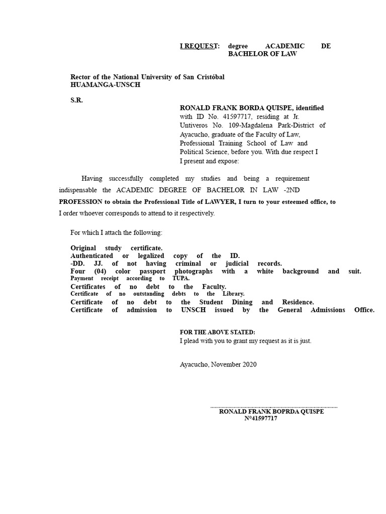 Request for Bachelor of Law Degree | PDF | Common Law | Justice