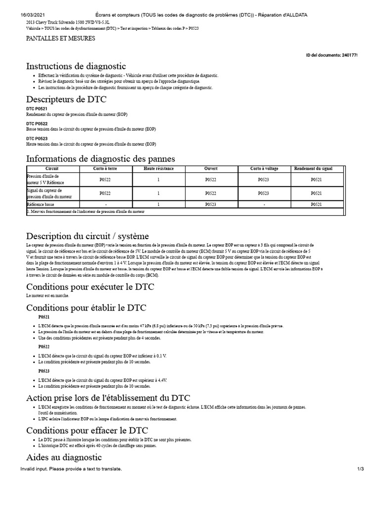 Codes DTC P0521 à P0523 : Diagnostic moteur | PDF | Pression