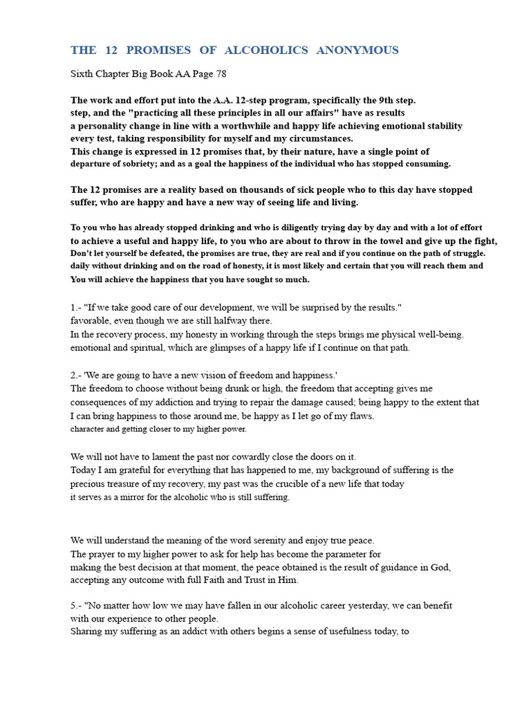 The 12 Promises of AA Explained | PDF | Alcoholics Anonymous | Twelve ...