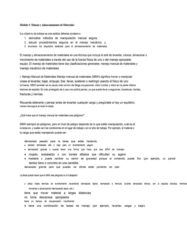 Manejo Seguro de Materiales y Almacenamiento | PDF