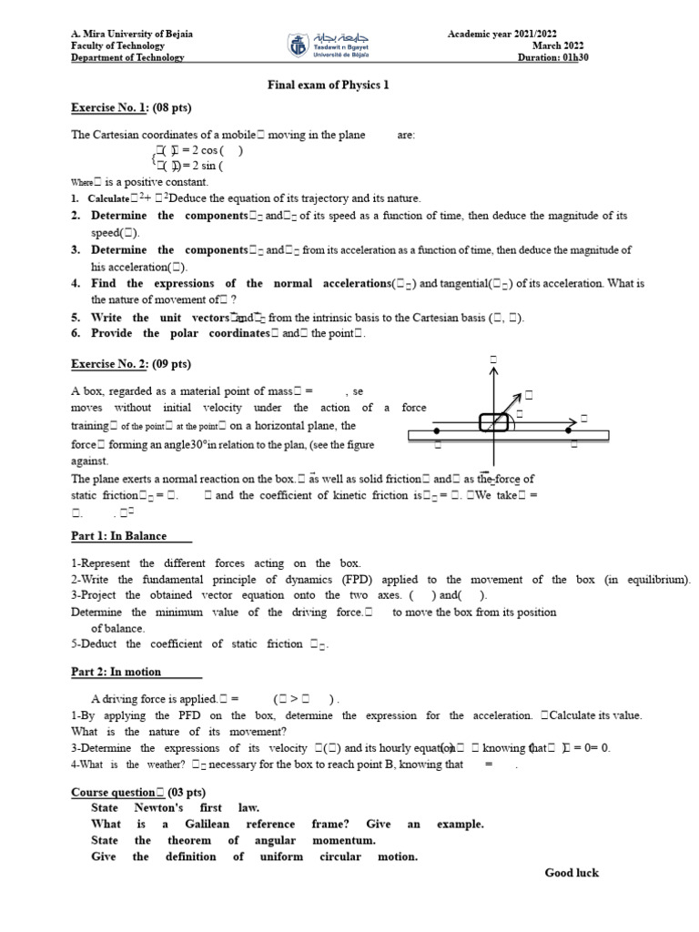 Final Exam of Physics 1 Section I Bejaia 2022 | PDF | Force | Acceleration