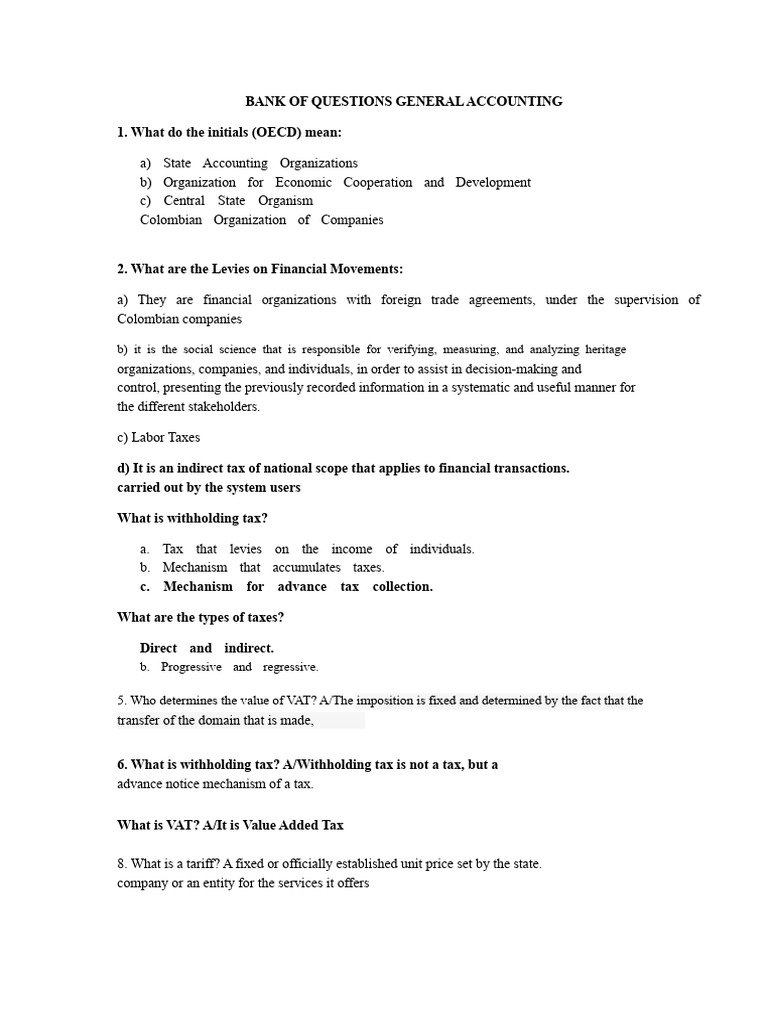 General Accounting Question Bank PDF Taxes Value Added Tax