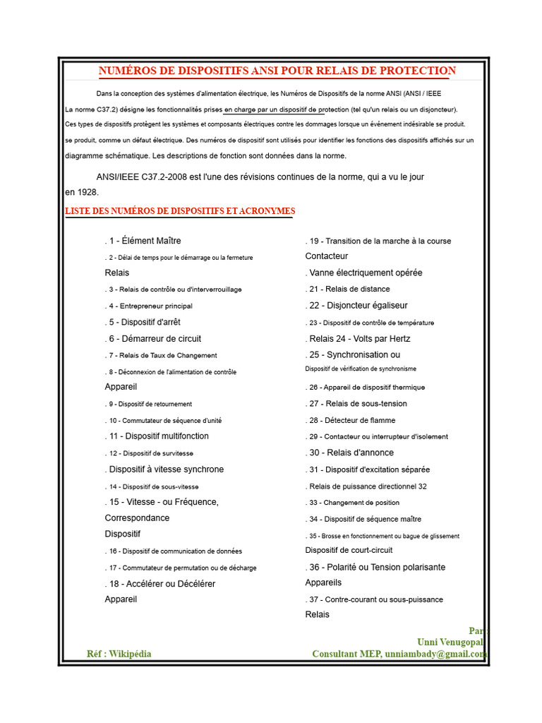 Numéros ANSI pour Relais de Protection | PDF | Interrupteur | Relais ...