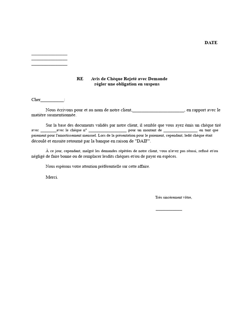 Avis de Chèque Rejeté et Demande de Paiement | PDF