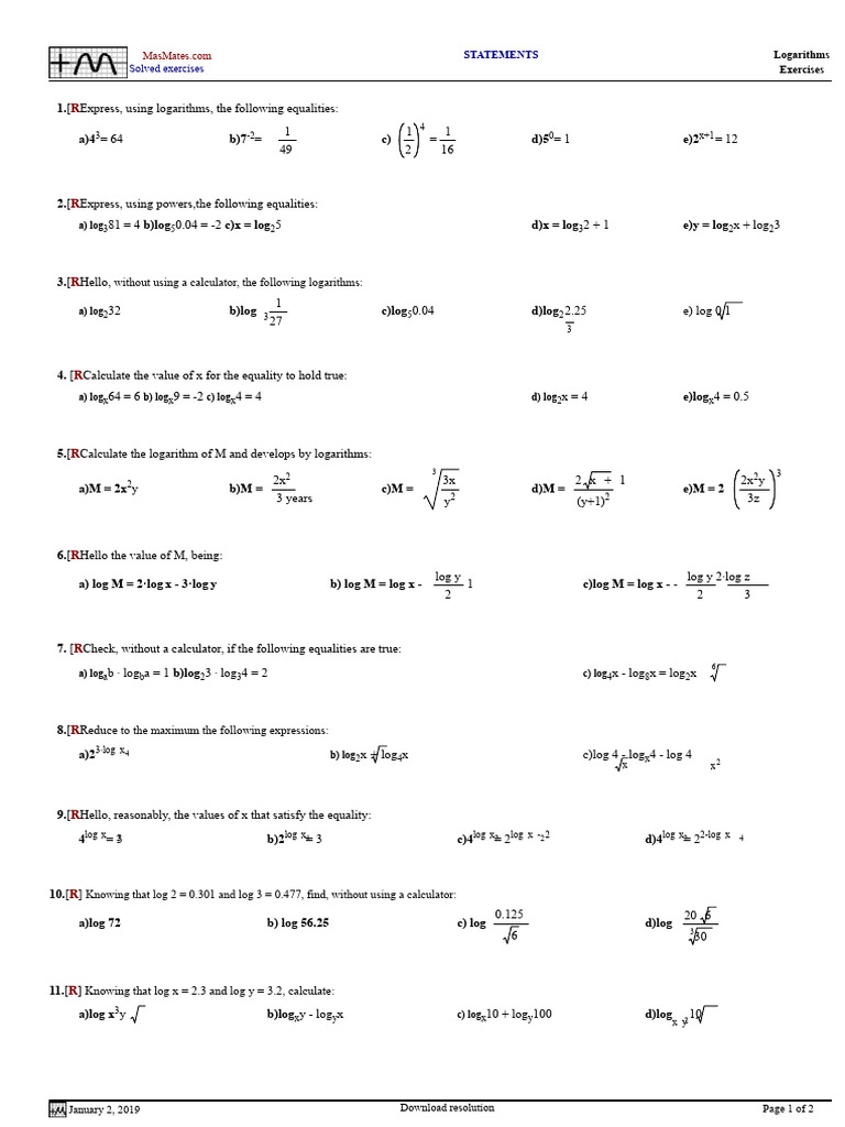 Logarithm Exercises and Solutions | PDF | Logarithm | Algebra