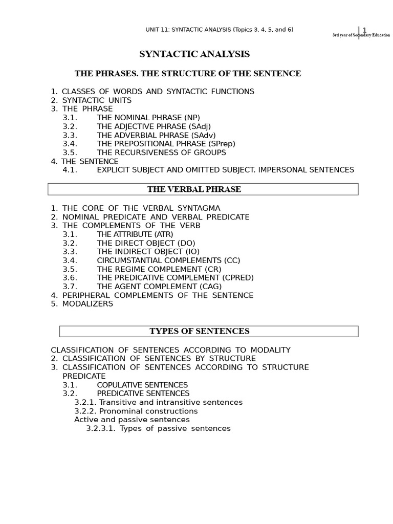 Syntactic Analysis of Sentence Structures | PDF | Verb | Subject (Grammar)