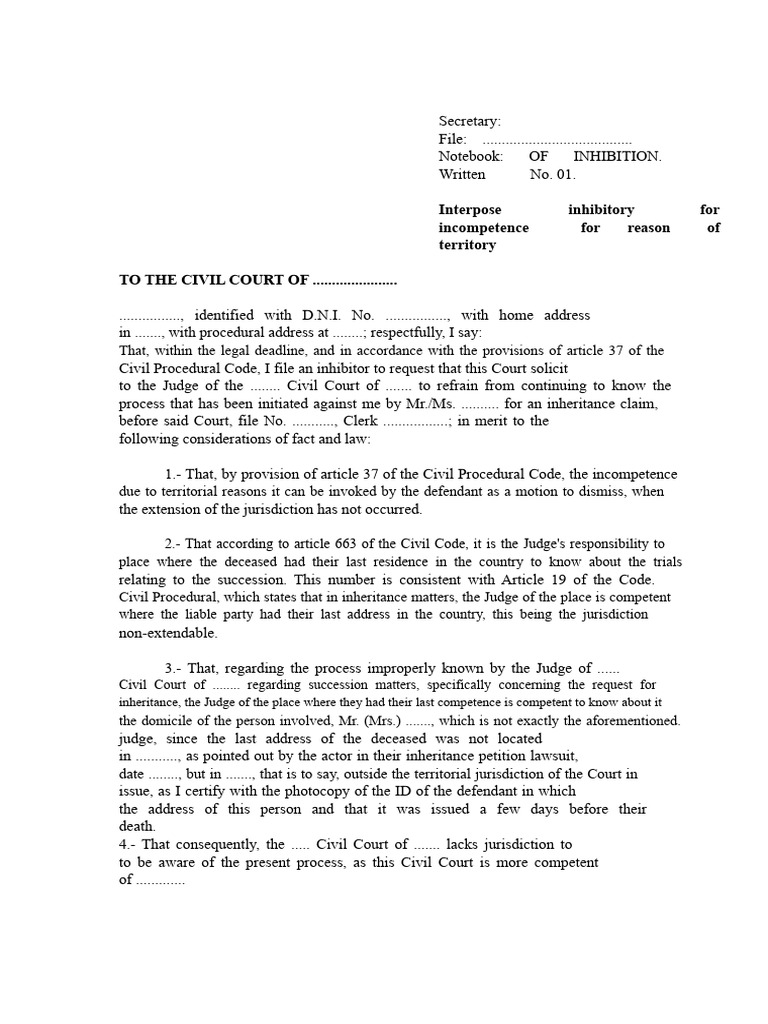 Model of Injunction Based On Incompetence Due To | PDF | Lawsuit | Justice