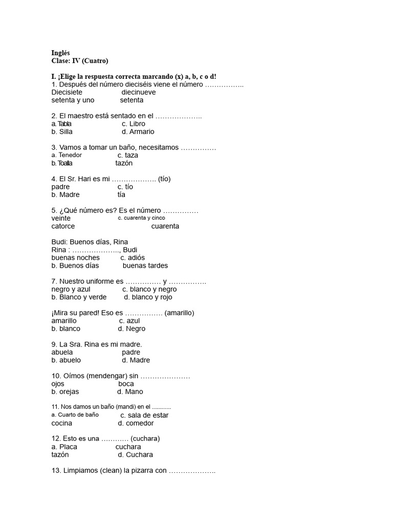 Ejercicios de Inglés para Cuarto Grado | PDF