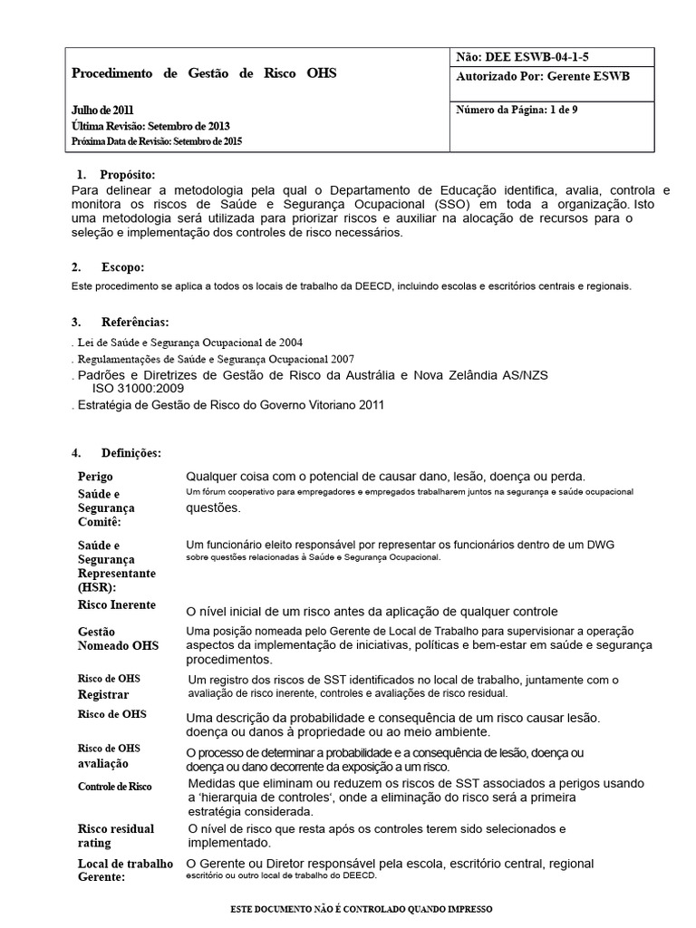 Gestão de Riscos de Saúde e Segurança | PDF | Avaliação de risco | Risco