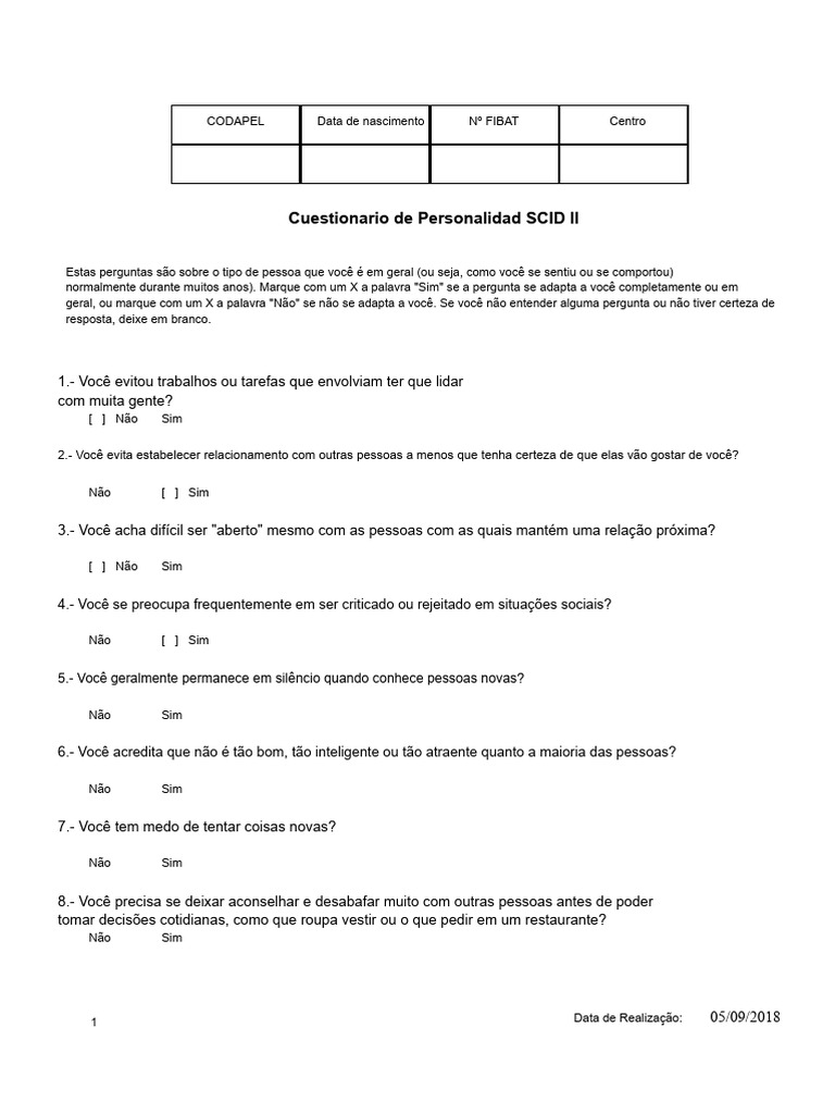 Questionário de Personalidade SCID II | PDF | Tempo | Transtorno de ...