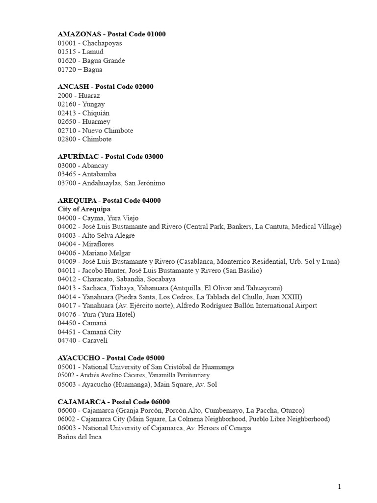 Postal Code of Departments and Provinces | PDF | Peru | South America