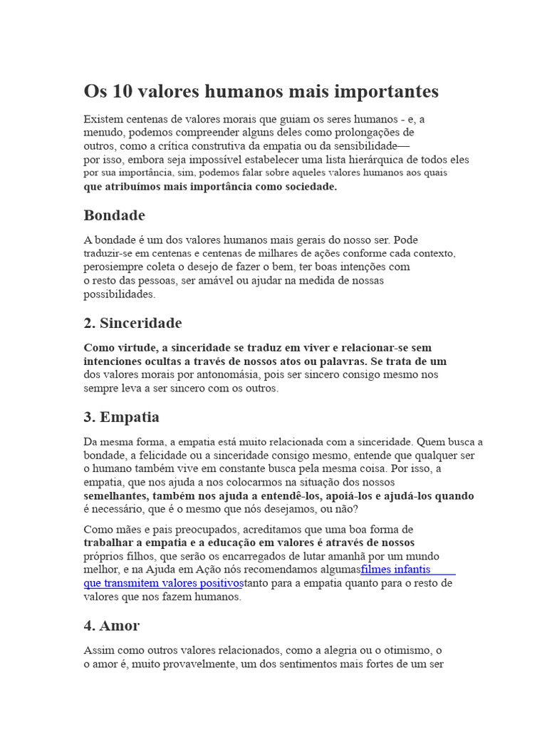 10 Valores Humanos Essenciais | PDF | Amor | Empatia