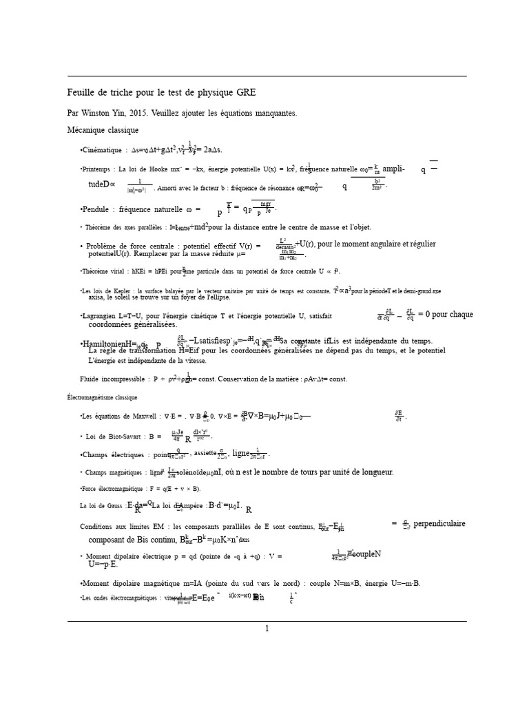 Feuille de triche GRE en physique | PDF | Mécanique quantique | Champ ...