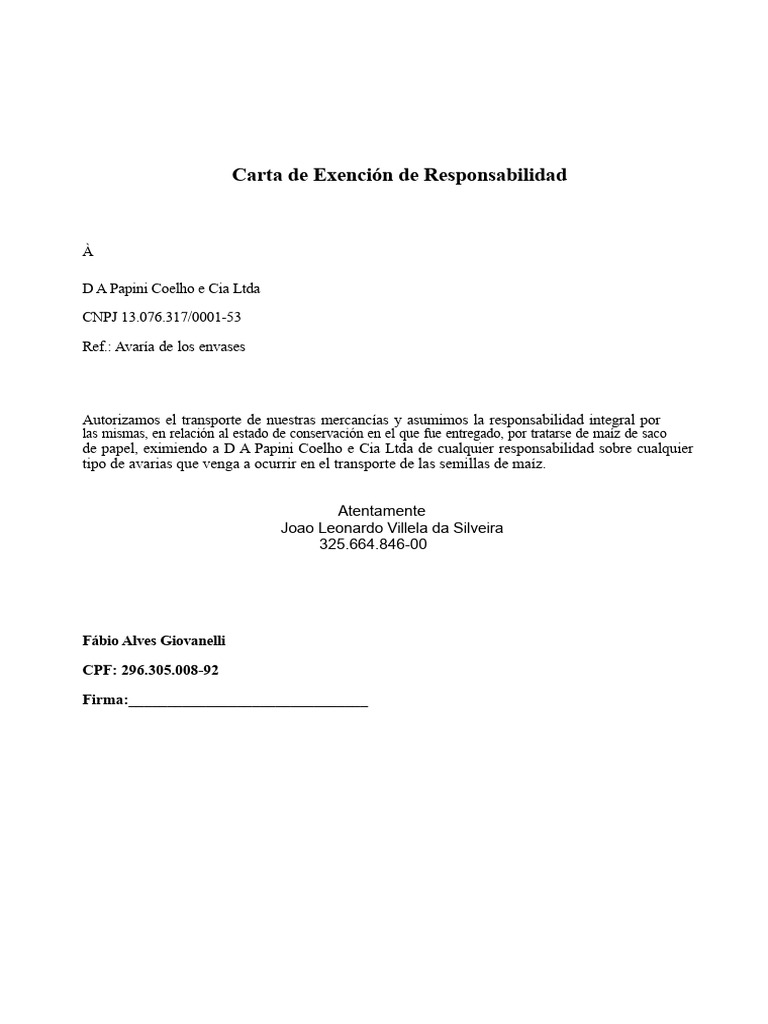 Carta de Exención de Responsabilidad | PDF