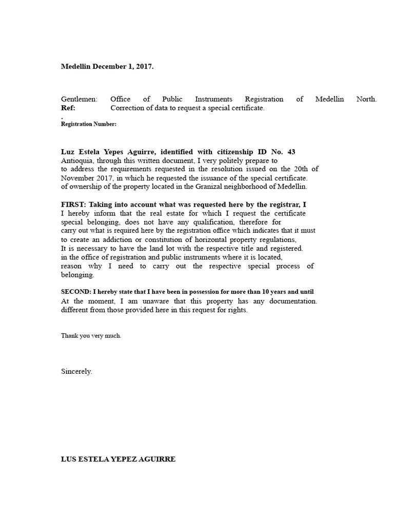 Letter To The Registration Office | PDF