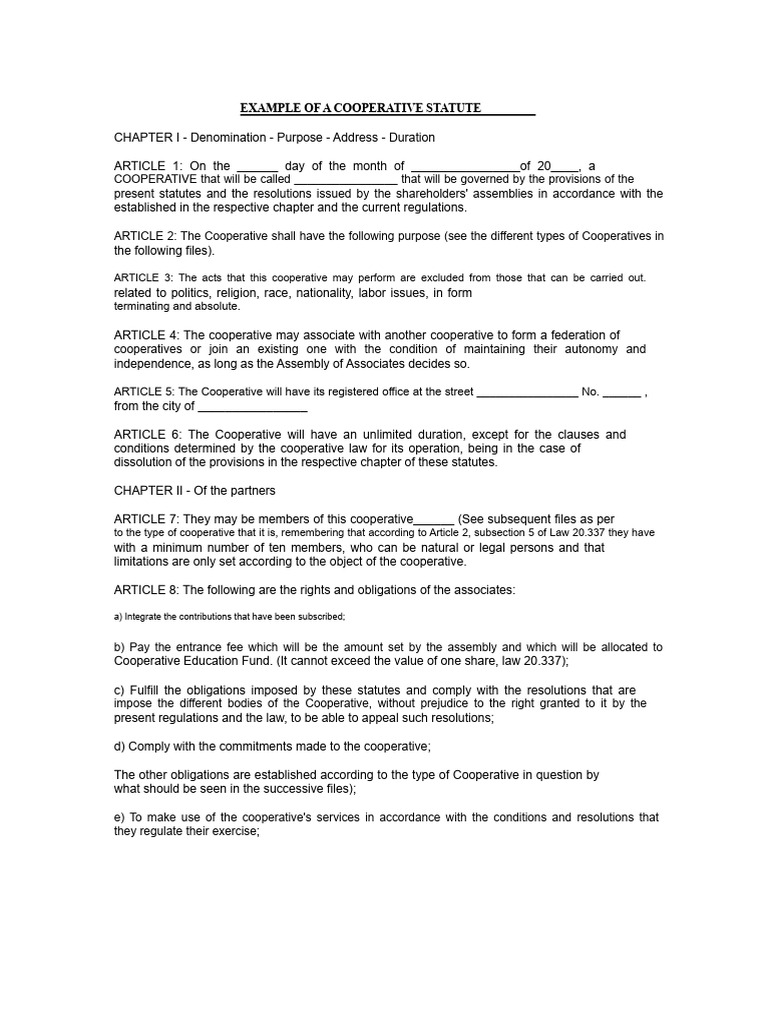 Example of Cooperative Statute | PDF | Board Of Directors | Bankruptcy