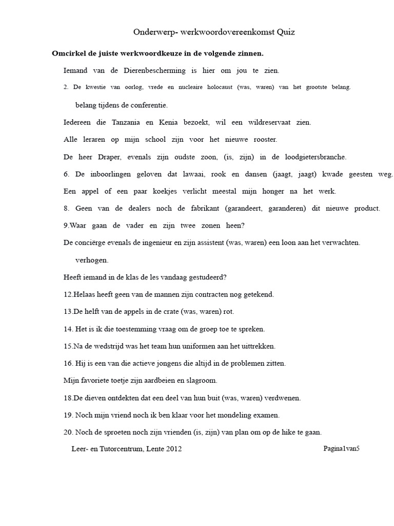 Onderwerp Werkwoord Overeenstemming Quiz Kopie | PDF