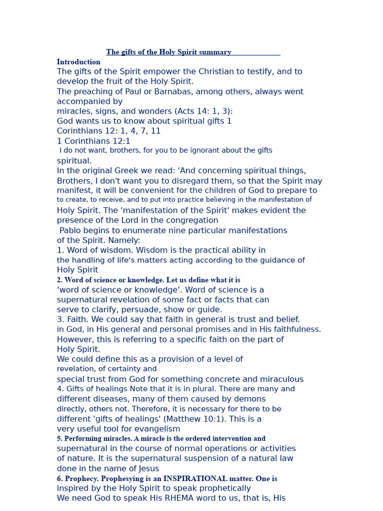 Summary of the Holy Spirit's Gifts | PDF | Spiritual Gift | Systematic ...