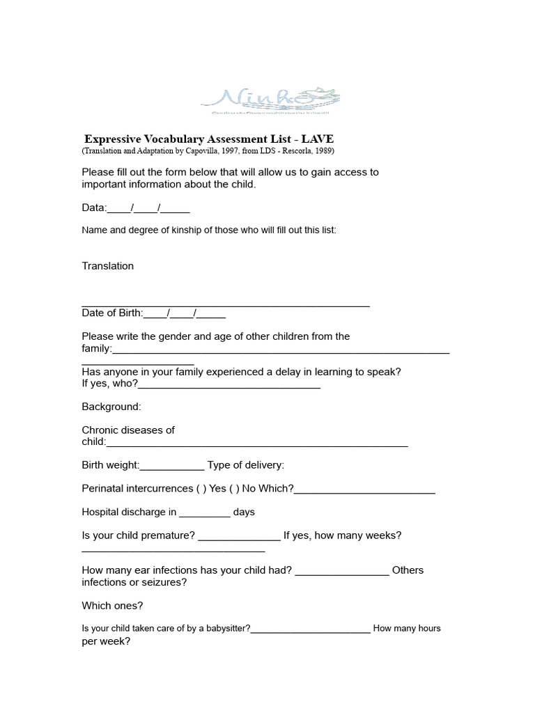 Expressive Vocabulary Assessment Form | PDF