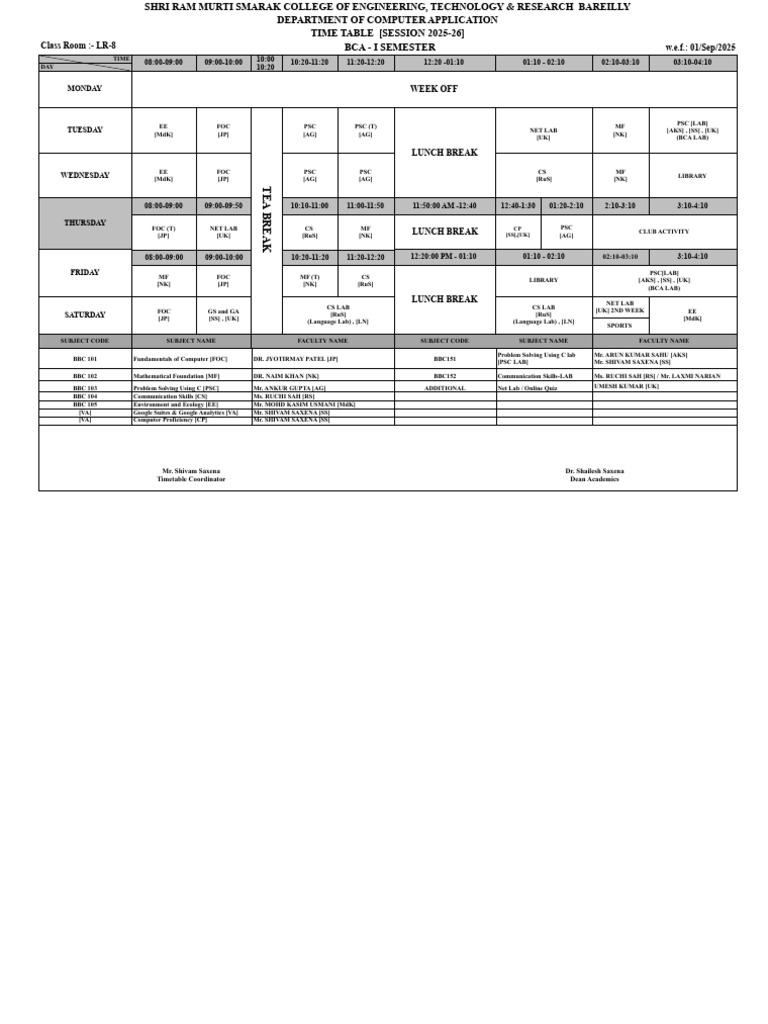 BCA I Semester Timetable 2025-26 | PDF