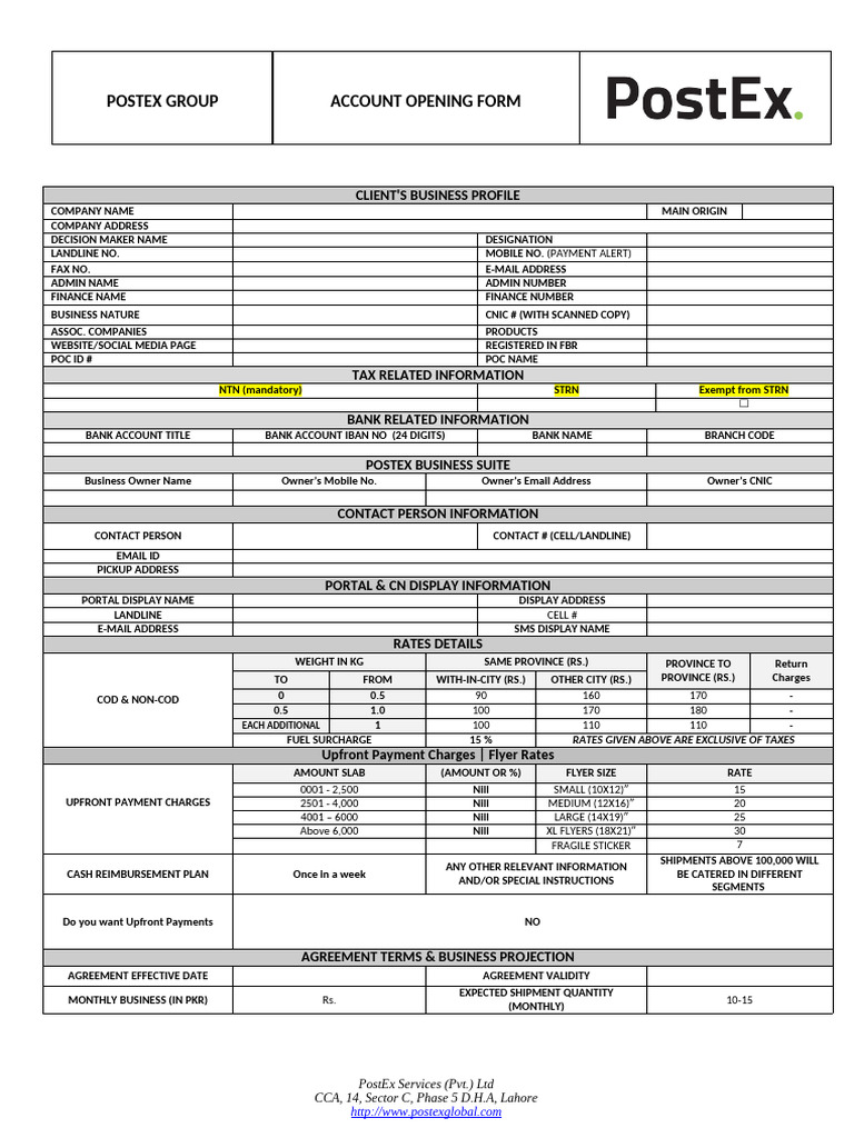 PostEx Group Account Opening Form | PDF