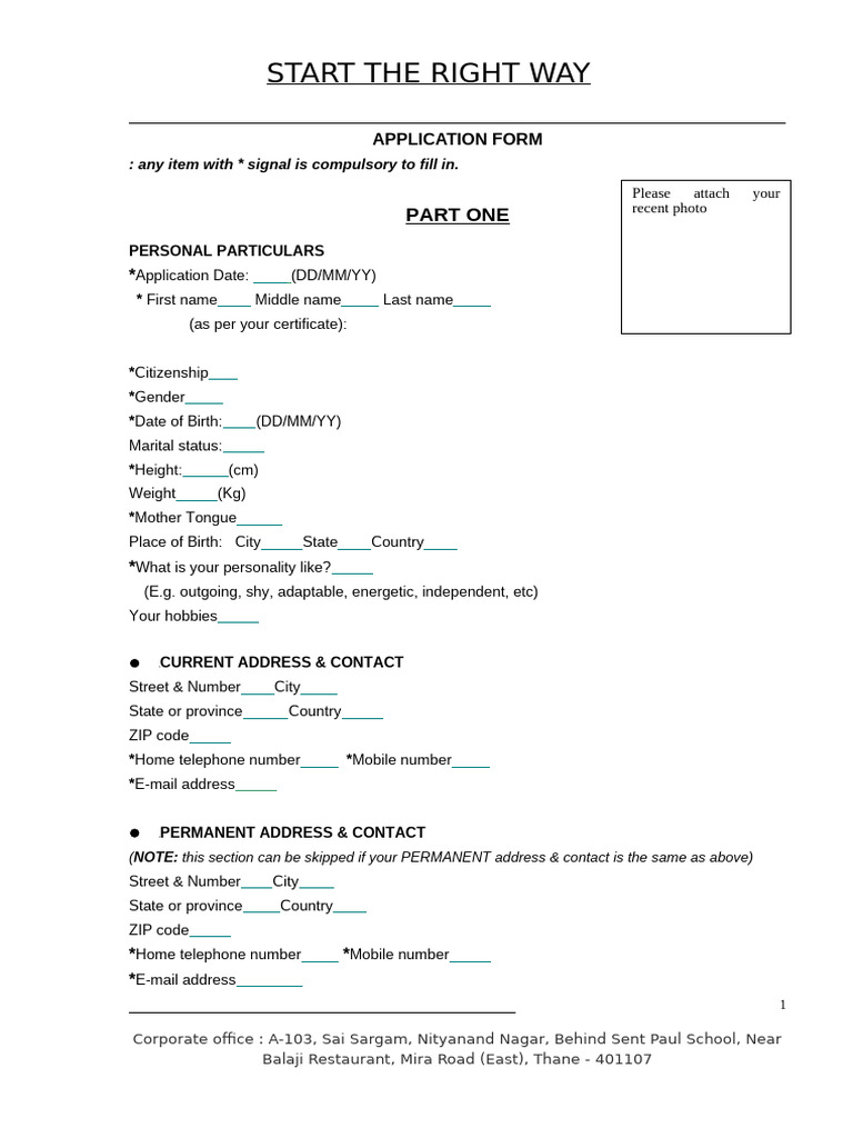 Start The Right Way Application Form | PDF
