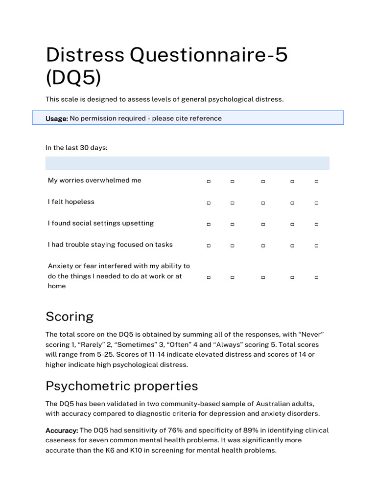 Distress Questionnaire-5 Overview | PDF