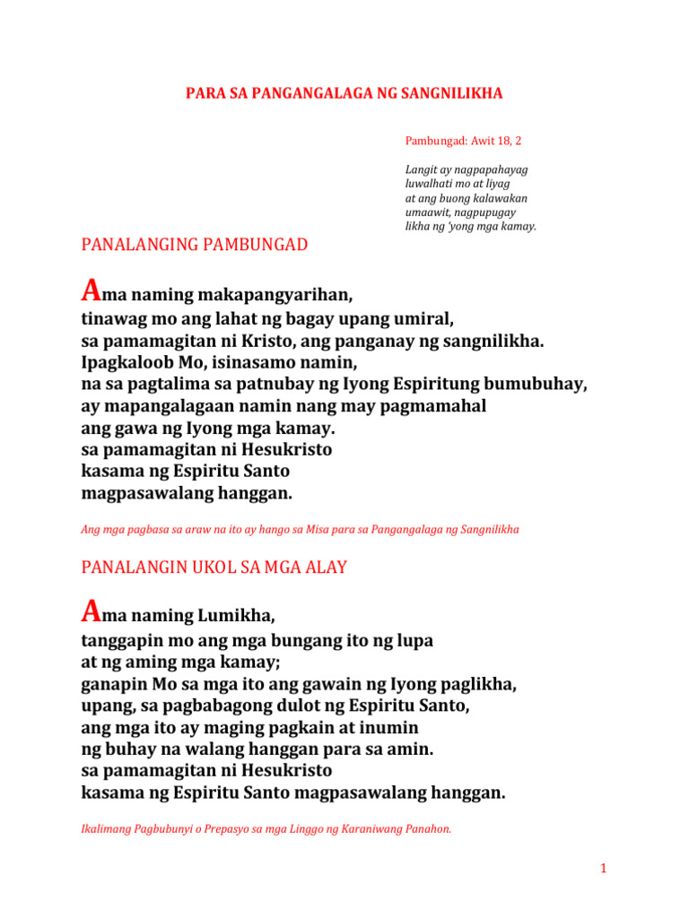 Mass For The Care of Creation Tagalog and English Liturgical Texts and ...