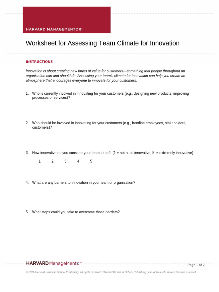 Team Climate for Innovation Assessment Worksheet | PDF