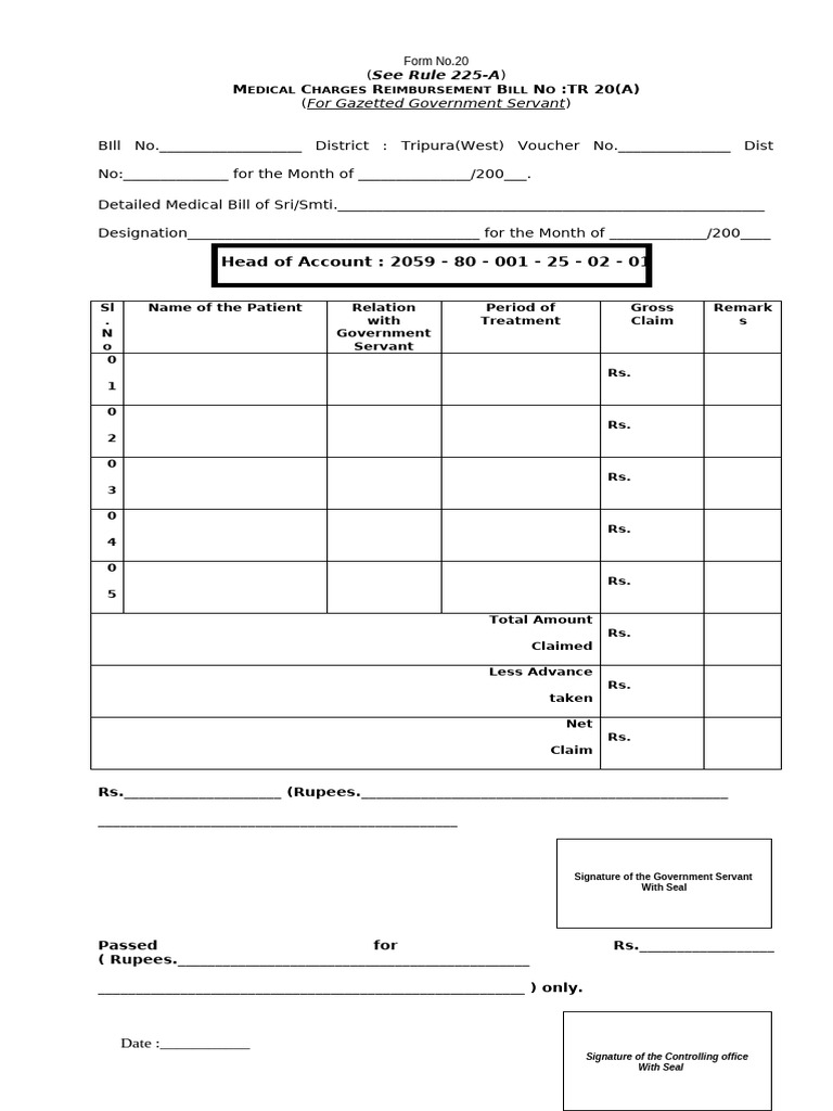 Tripura Medical Reimbursement Form 20 | PDF