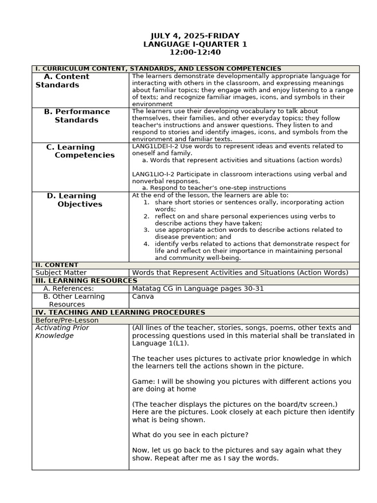 Language (1st) Week 3 July 4 | PDF | Learning | Teachers