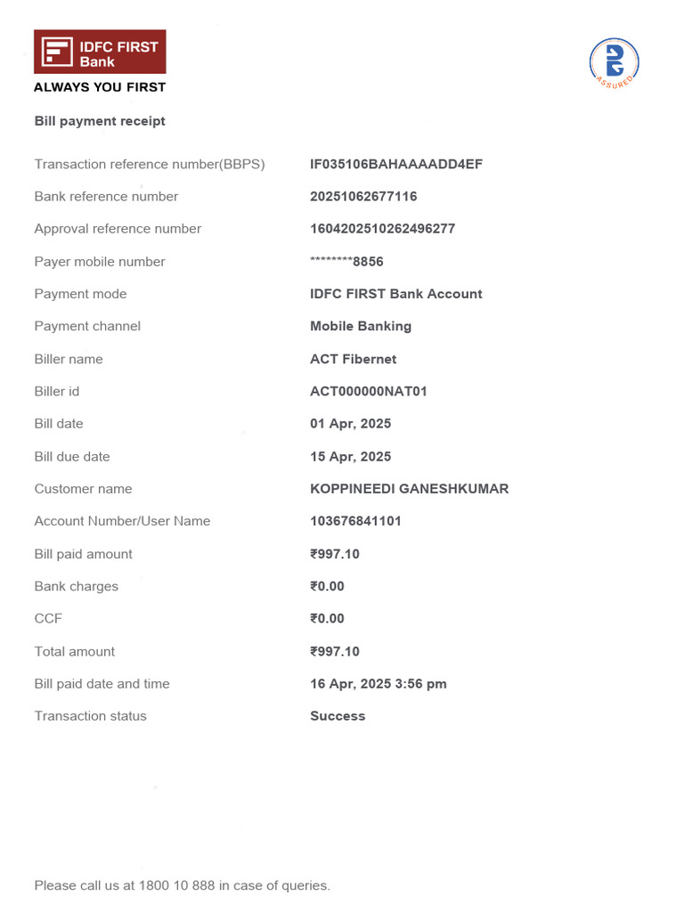 ACT Fibernet Bill Payment Receipt | PDF