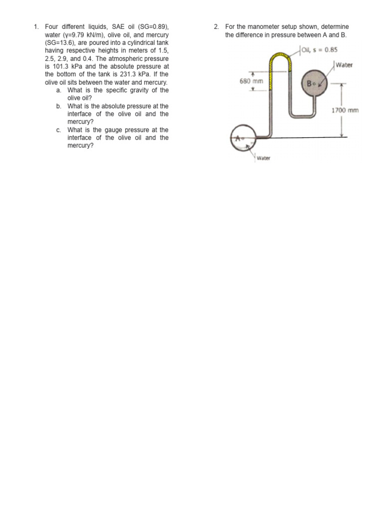 Fluid Mechanics Pressure Calculations | PDF | Pressure Measurement ...