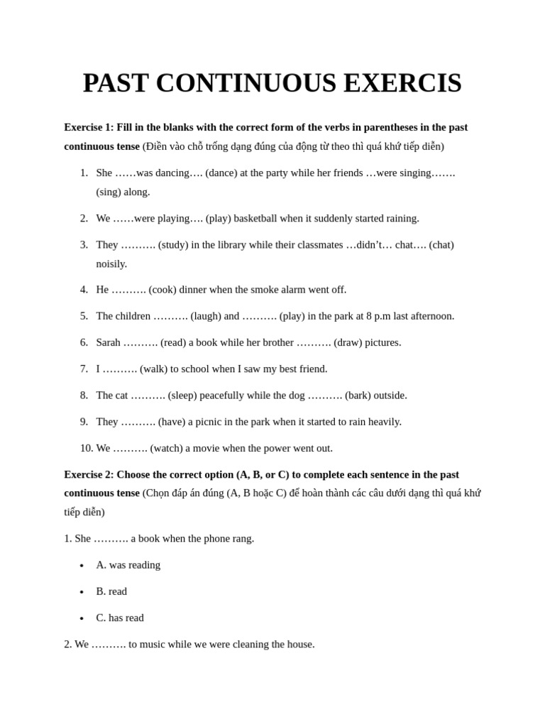 Past Continuous Tense Exercises | PDF