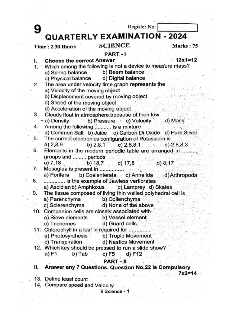9th Science Quarterly Exam 2024 Original Question Paper Coimbatore ...