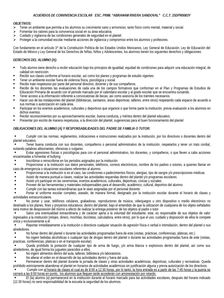 Acuerdos de Convivencia Escolar | PDF | Educación primaria | Maestros
