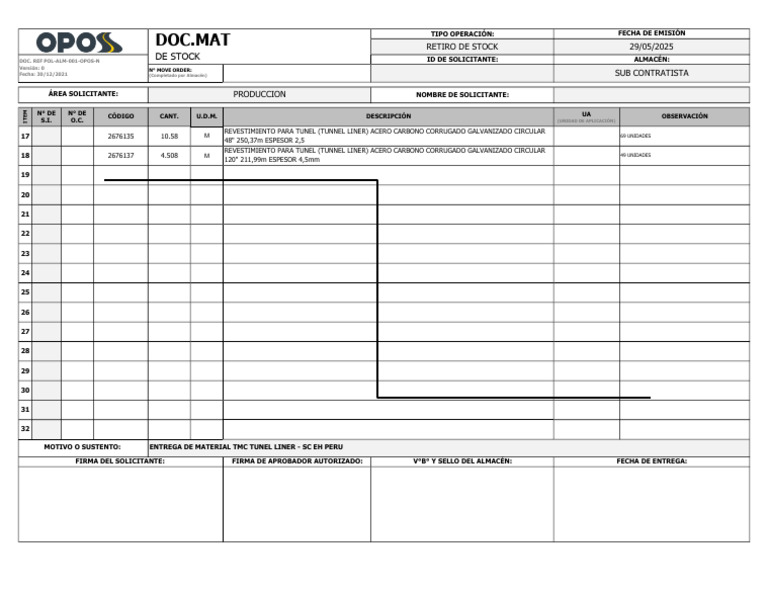 Solicitud de Retiro de Stock TMC Tunnel Liner | PDF