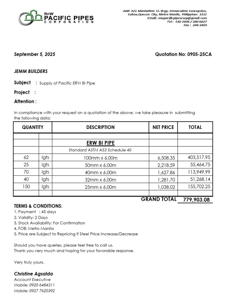 Pacific ERW BI Pipe Quotation Details | PDF
