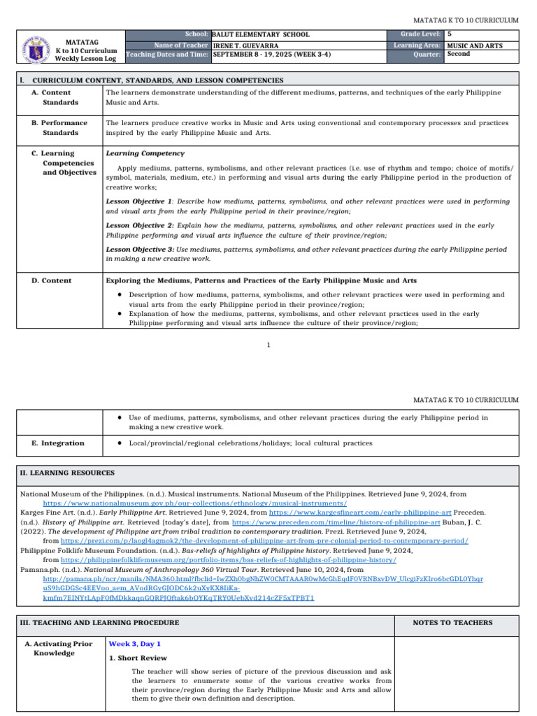 Taguk Instrument in Philippine Arts | PDF | Teachers | Curriculum